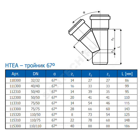 Тройник PP-H переходной серая HT HTEA Дн 110х50х67гр б/нап в/к Ostendorf 115320 купить в интернет-магазине инженерного оборудования в Санкт-Петербурге